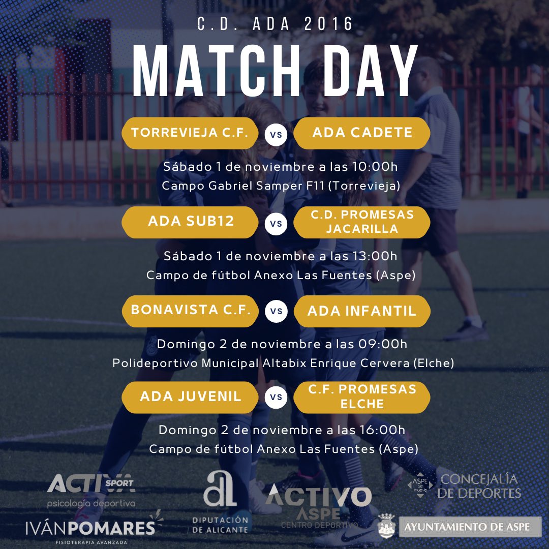 atleticodeaspe's tweet image. 🏟️ 𝐂𝐚𝐝𝐞𝐭𝐞 ➡️ Campo Gabriel Samper F11 (Torrevieja)
🏟️ 𝐒𝐮𝐛𝟏𝟐 ➡️ Campo de Fútbol Las Fuentes (Aspe)
🏟️ 𝐈𝐧𝐟𝐚𝐧𝐭𝐢𝐥 ➡️ Polideportivo Municipal Altabix Enrique Cervera (Elche)
🏟️ 𝐉𝐮𝐯𝐞𝐧𝐢𝐥 ➡️ Campo de Fútbol Las Fuentes (Aspe)

¡𝐕𝐀𝐌𝐎𝐒 𝐀𝐃𝐀! 🚀💙