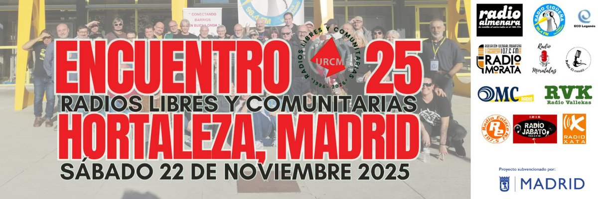 ➡ 𝑬𝒏𝒄𝒖𝒆𝒏𝒕𝒓𝒐 𝒅𝒆 𝒓𝒂𝒅𝒊𝒐𝒔 𝒍𝒊𝒃𝒓𝒆𝒔 𝒚 𝒄𝒐𝒎𝒖𝒏𝒊𝒕𝒂𝒓𝒊𝒂𝒔 𝒅𝒆 𝑴𝒂𝒅𝒓𝒊𝒅 2025
📍 Hortaleza, Madrid
📅 Sábado 22 de noviembre. ⌚️9:30 - 15h aprox.
INSCRIPCIONES: urcm.net/2025/10/22/ins…