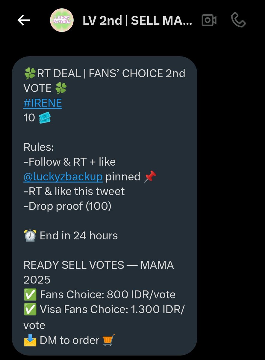 🍀RT DEAL | FANS’ CHOICE 2nd VOTE 🍀
#IRENE 
10 🎟️

Rules:
-Follow &amp; RT + like <a href="/luckyzbackup/">LV 2nd | SELL MAMA VOTE, MCOUNTDOWN</a> pinned 📌
-RT &amp; like this tweet
-Drop proof (100)

⏰ End in 24 hours