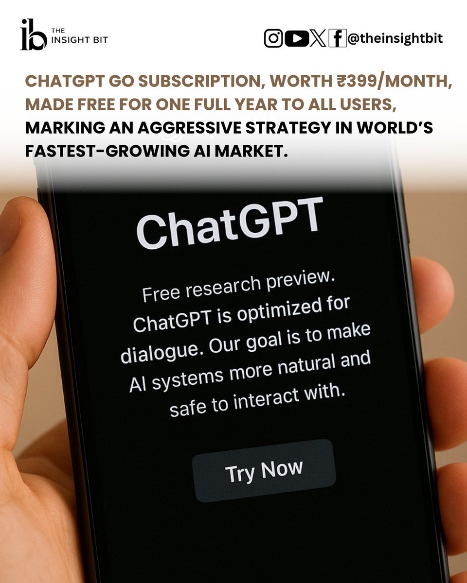 Theinsightbits's tweet image. OpenAI offers 1 year of FREE ChatGPT Go access to all Indian users starting Nov 4! This subscription (normally ₹399/month) includes higher limits &amp;amp; GPT-5 access. A major strategic move timed with the Bengaluru DevDay. 🚀

#ChatGPTGoFree #OpenAI #AIinIndia #TechNews
