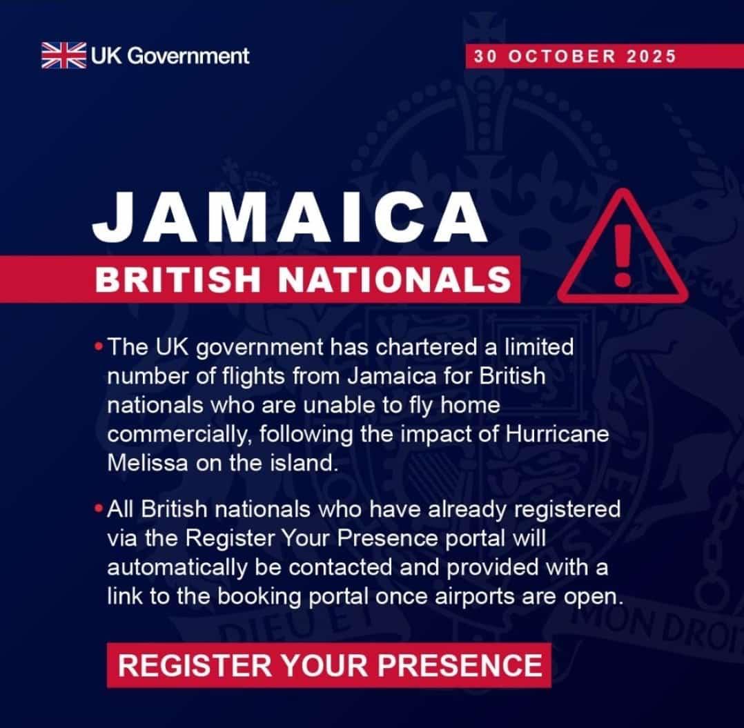 🇬🇧 ATTENTION BRITISH NATIONALS IN JAMAICA 🇯🇲
Following Hurricane Melissa, the UK Government has chartered limited flights to assist those unable to leave Jamaica commercially.
👉 All British nationals should register their presence via the official portal to receive flight and
