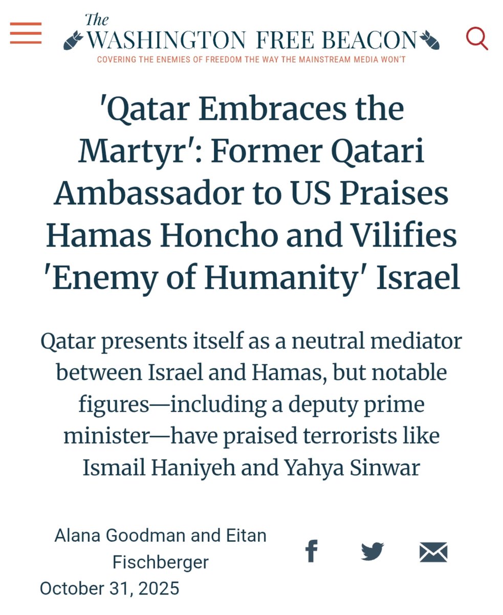 New from me and <a href="/alanagoodman/">Alana Goodman</a>:

Last year, I revealed that Qatar’s Deputy Prime Minister once tweeted “We are all Hamas.”

Now it turns out Qatar has ANOTHER Deputy Prime Minister — and this one has praised Sinwar, justified Oct. 7, and called Israel “the #1 enemy of humanity."