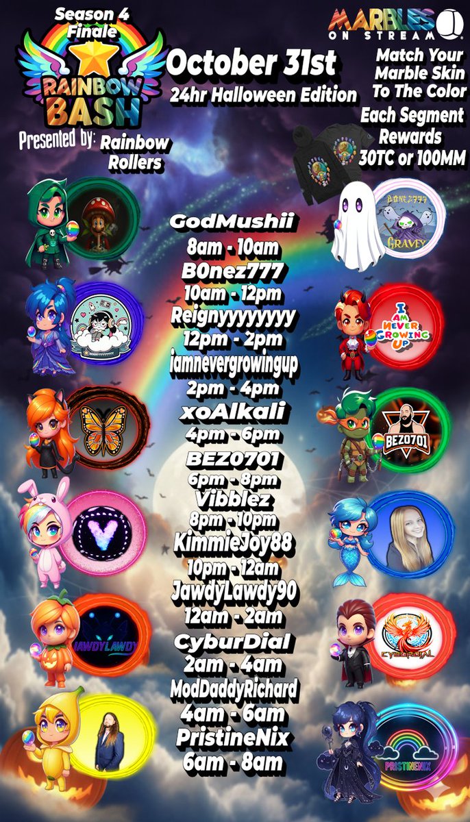 Something Spooky has hit the Rainbow!
Starts at 8am at twitch.tv/godmushii

Re-post and you get a entry for the Finale Prize Wheel!

#marblesonstream #twitch #TwitchGamers