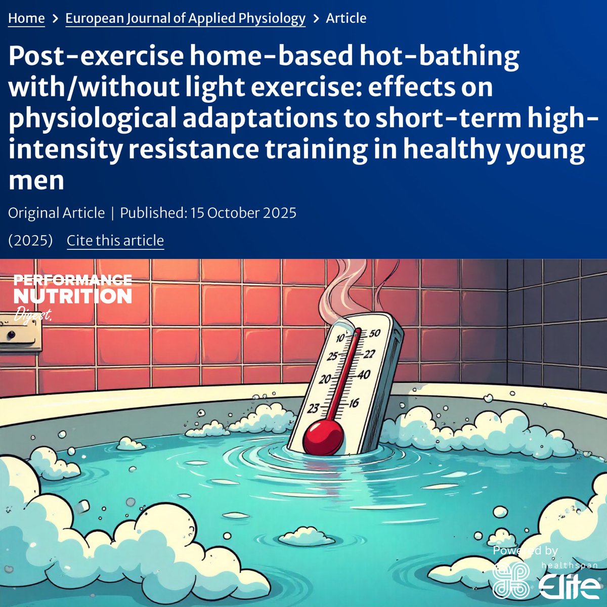 tecoughlin's tweet image. Post-exercise home-based hot bathing enhances strength gains 🌡️

In this new study, 43 healthy young men were assigned to either of the following post-exercise conditions…

🚿 shower (no hot-bathing)

🛁 hot-bathing (40℃)

🛁🏋️ hot-bathing + light-exercise

🚿🏋️ shower +…
