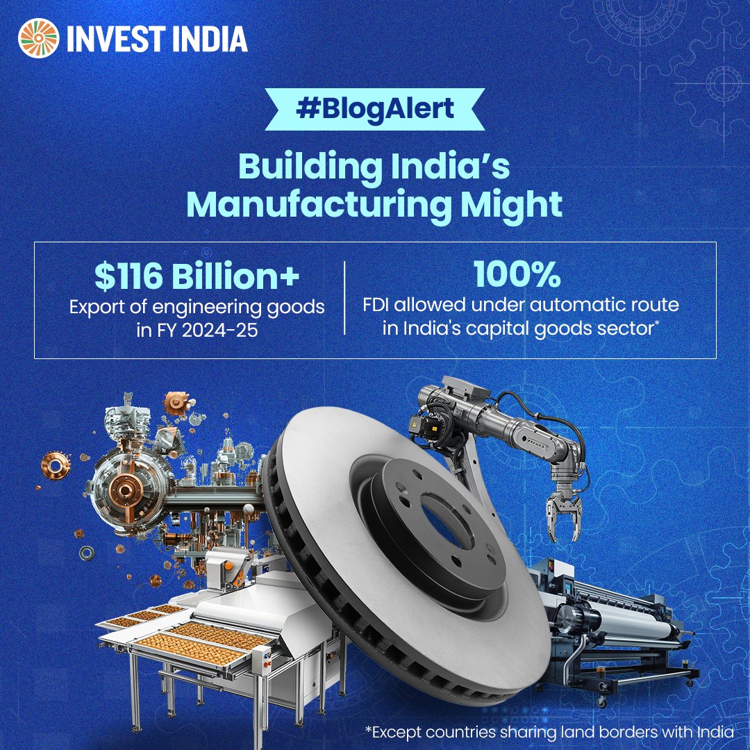 investindia's tweet image. #BlogAlert

#NewIndia’s capital goods sector is fuelling the #MakeInIndia vision, driving manufacturing growth, innovation &amp;amp; exports, strengthening its position as a global industrial powerhouse.

Read more about India’s growth engine: tinyurl.com/II-Blogs-Capit…

@makeinindia