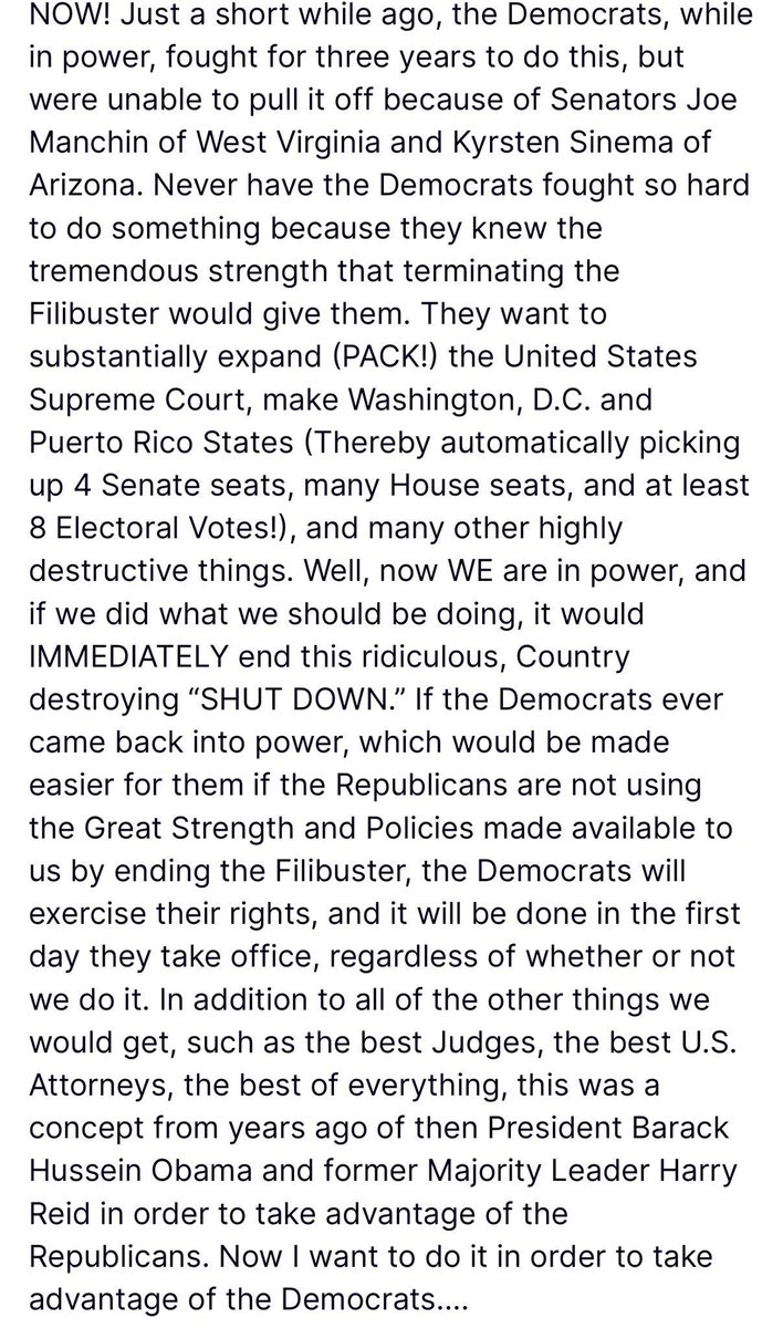 President Trump just told Senate Republicans to nuke the filibuster and use the Nuclear Option. He says Democrats will scrap it the moment they get power, so why wait. End the 60 vote rule, confirm the best judges and U.S. attorneys, and stop letting the left veto everything.