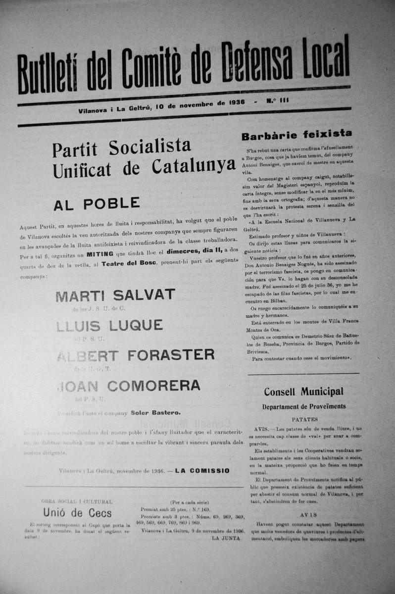 Un dels documents +transcendents en l recuperació d l memòria del #MestreBenaiges, #ElMestreQueVaPrometreElMar era al vostre <a href="/acgarraf/">Arxiu Comarcal del Garraf</a>.
Un diari publicat el nov. del 36 donava 3 dades fonamentals de l'assassinat:
Quan?
25 juliol del 36
Qui?
El feixisme
On?
La Pedraja,Villafranca.