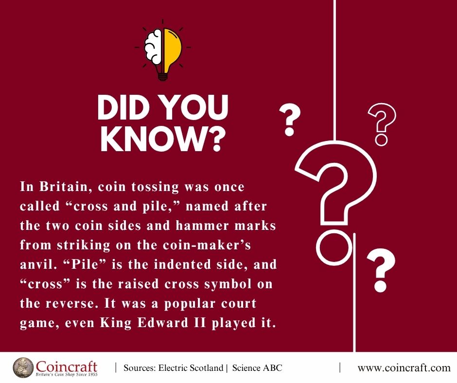 Weekly Trivia: In Britain, coin tossing was once called “cross and pile,” named for its two sides: the "cross" (a symbol on the reverse) and the "pile" (the indented, anvil-struck side). This popular court pastime was even played by King Edward II.