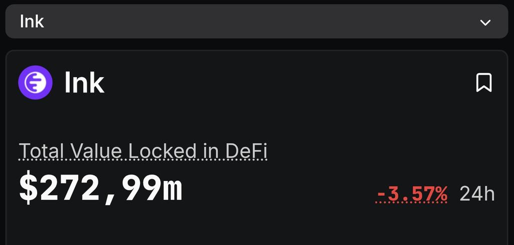 Gmink Ink TVL today: $272.99M 🔮
-3.57% in 24h, but conviction never dips.
We track. We build. We stay purple. 💜

Posting every day until TGE.
<a href="/inkonchain/">ink</a> <a href="/ANITAONINKCTO/">ANITA</a> $INK