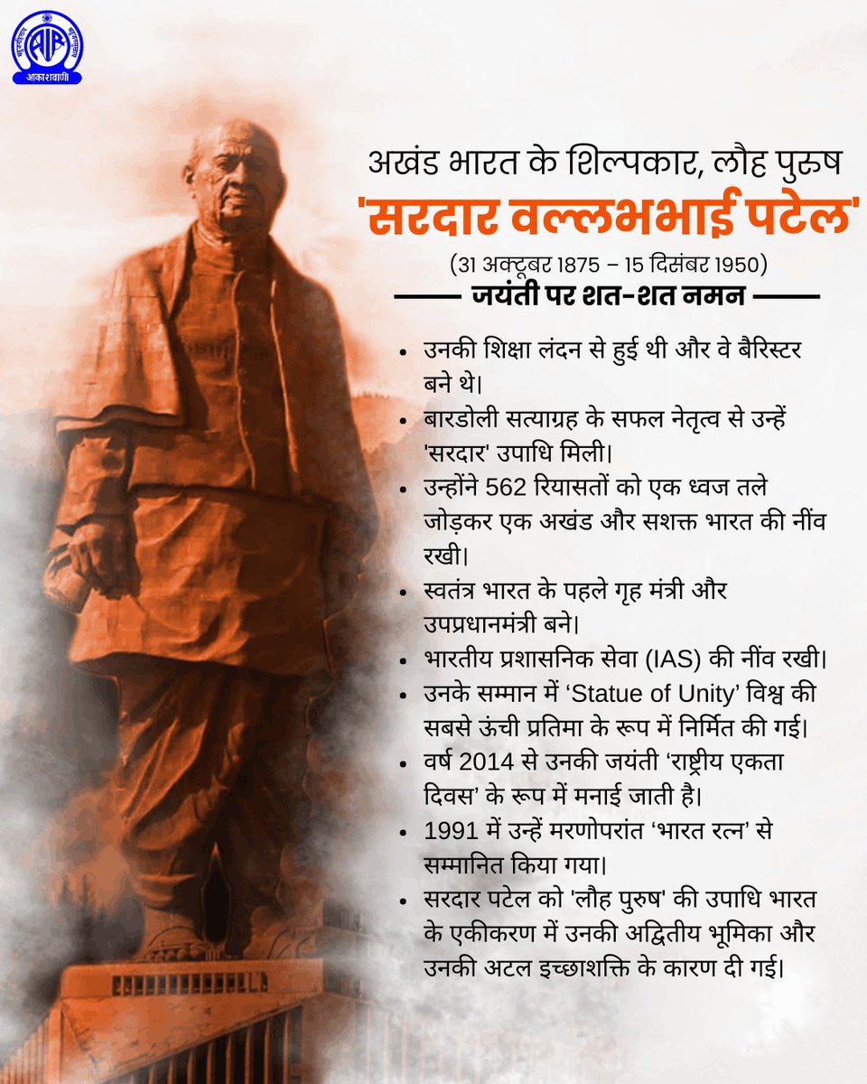 अखंड भारत के शिल्पकार, लौह पुरुष  'सरदार वल्लभभाई पटेल' स्वतंत्रता संग्राम के प्रमुख नेताओं में शामिल थे और स्वतंत्र भारत के प्रथम गृहमंत्री बने।

जयंती पर शत-शत नमन🙏