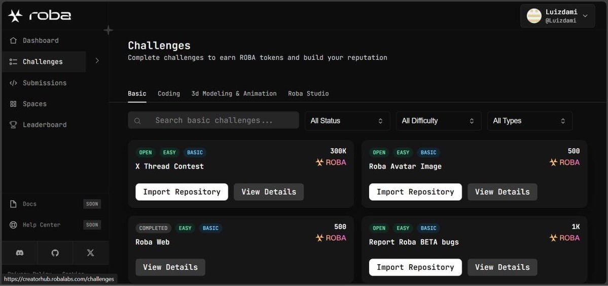 Block_Slinger's tweet image. The Challenges tab.
This is where builders put their skills to work.
Real robotics problems. Real benchmarks. Real rewards.
Explore categories like Basic, Coding, 3D Modeling & Animation
Every solved task earns $ROBA and fuels the open-source marketplace.
