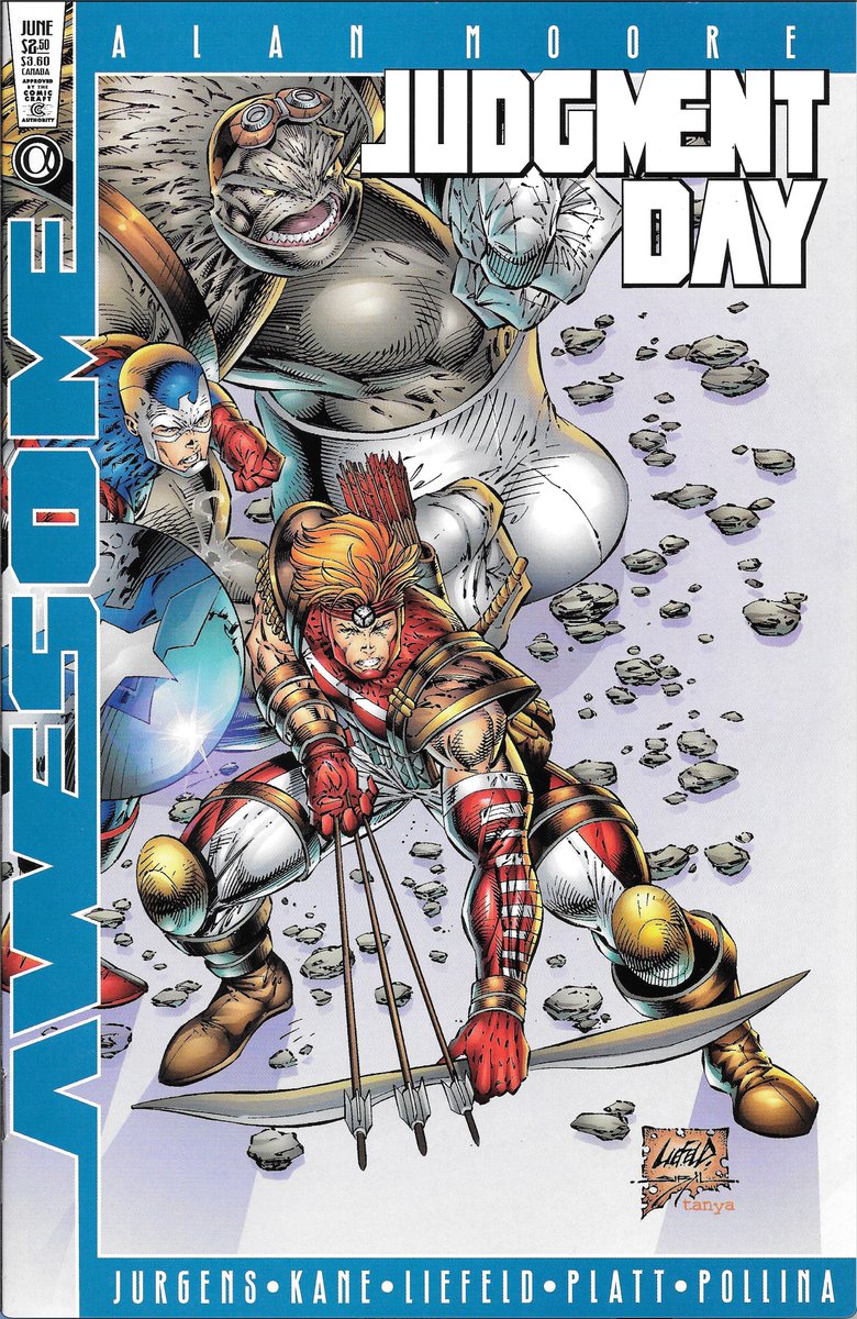 RobMessick's tweet image. Judgment Day Alpha!  Cover by Rob Liefeld and Jon Sibal.  Cool angle.  I found the original online so we can see more of Rob&apos;s art!  The chase cards to the #JudgmentDay card series were clear chromium versions of the covers.

@robertliefeld @JonSibal #AlanMoore #AwesomeComics