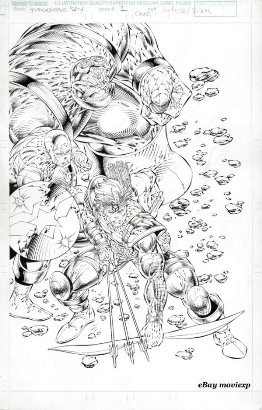 RobMessick's tweet image. Judgment Day Alpha!  Cover by Rob Liefeld and Jon Sibal.  Cool angle.  I found the original online so we can see more of Rob&apos;s art!  The chase cards to the #JudgmentDay card series were clear chromium versions of the covers.

@robertliefeld @JonSibal #AlanMoore #AwesomeComics