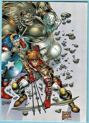 RobMessick's tweet image. Judgment Day Alpha!  Cover by Rob Liefeld and Jon Sibal.  Cool angle.  I found the original online so we can see more of Rob&apos;s art!  The chase cards to the #JudgmentDay card series were clear chromium versions of the covers.

@robertliefeld @JonSibal #AlanMoore #AwesomeComics