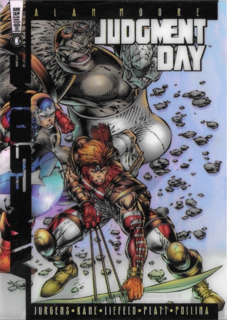 RobMessick's tweet image. Judgment Day Alpha!  Cover by Rob Liefeld and Jon Sibal.  Cool angle.  I found the original online so we can see more of Rob&apos;s art!  The chase cards to the #JudgmentDay card series were clear chromium versions of the covers.

@robertliefeld @JonSibal #AlanMoore #AwesomeComics
