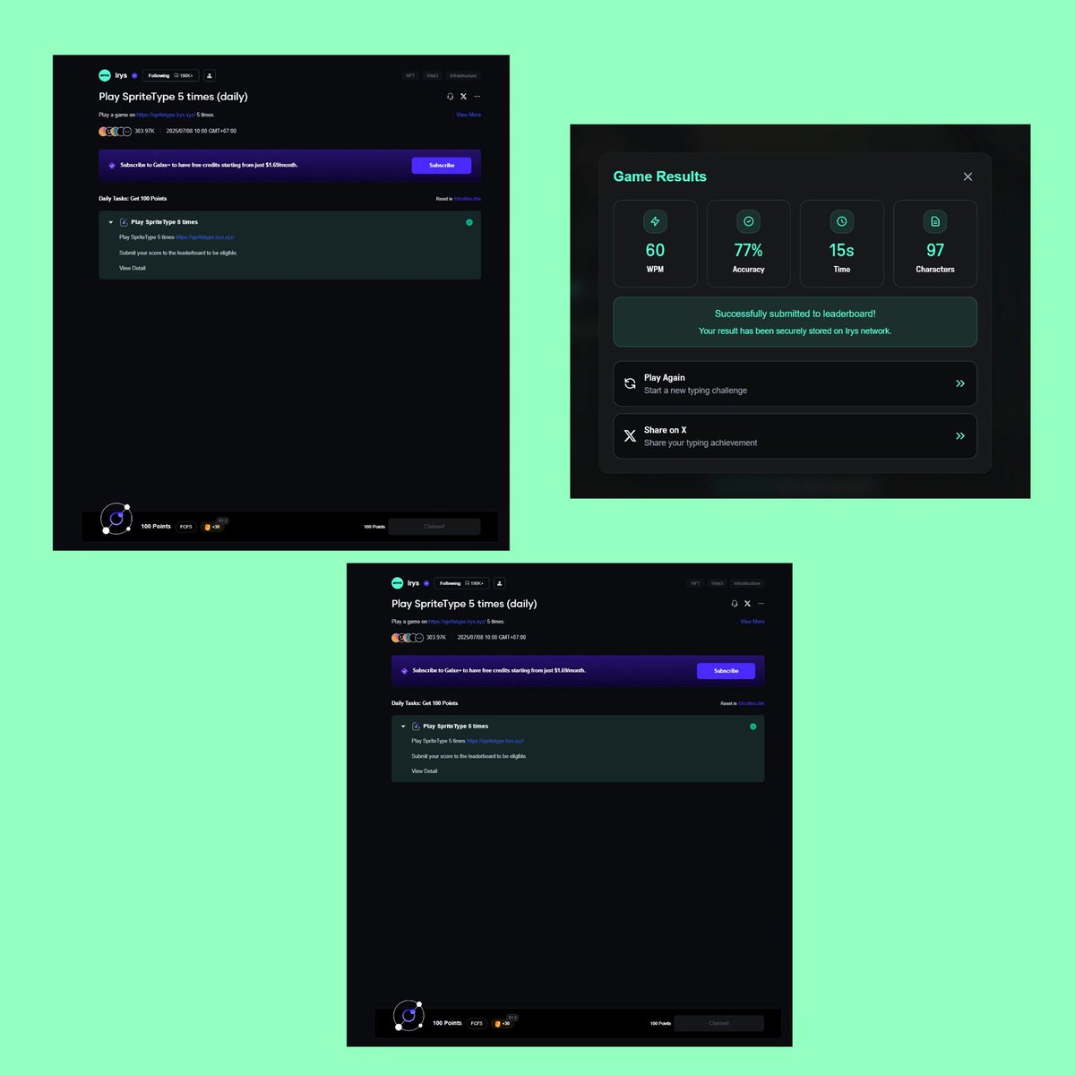 ramsprt (Ø,G)🧙.ink | HUDL (@rams_pratama) on Twitter photo Day 41 Still Consistent : Complete Daily Galxe <a href="/irys_xyz/">Irys (✧ᴗ✧)</a> task Spritetype + Step into the Irysverse
Stay Hirys (✧ᴗ✧) Day 41 Still Consistent : Complete Daily Galxe <a href="/irys_xyz/">Irys (✧ᴗ✧)</a> task Spritetype + Step into the Irysverse
Stay Hirys (✧ᴗ✧)