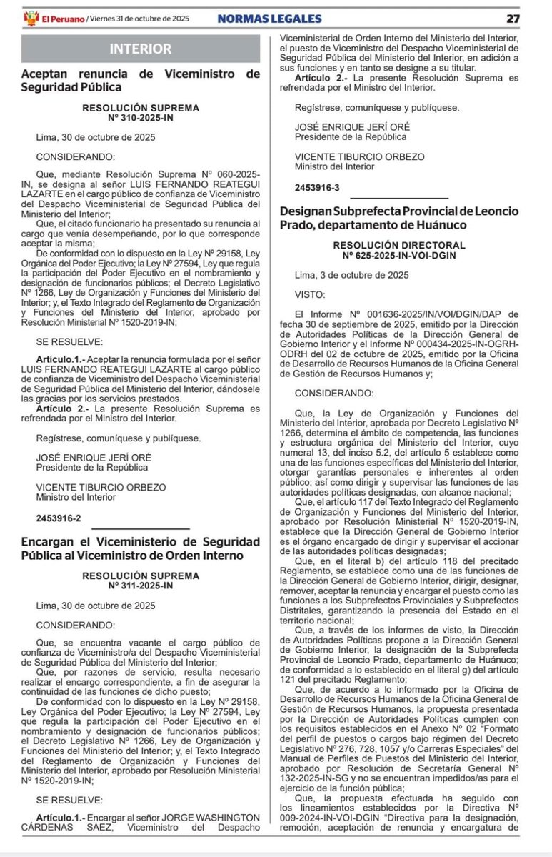Movidas en Mininter. Renuncia viceministro de Seguridad Pública, Luis Reategui. Jorge Cárdenas, cercano a Jorge del Castillo, asume los dos viceministerios en estratégica cartera.