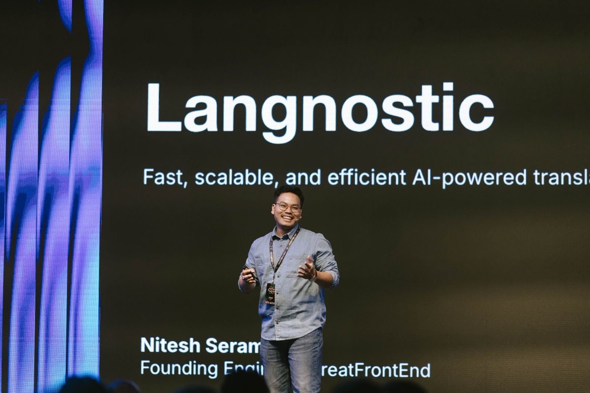 react_india's tweet image. What an incredible session by Nitesh Seram, Founding Engineer at GreatFrontEnd!

His talk “Langnostic – Fast, Scalable, and Efficient AI-powered Translations for Web Apps”

#ReactIndia2025  #GreatFrontEnd