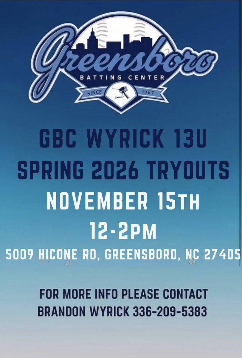 The Greensboro Batting Center will now have TWO 13u TRAVEL BASEBALL TRYOUTS COMING UP!!