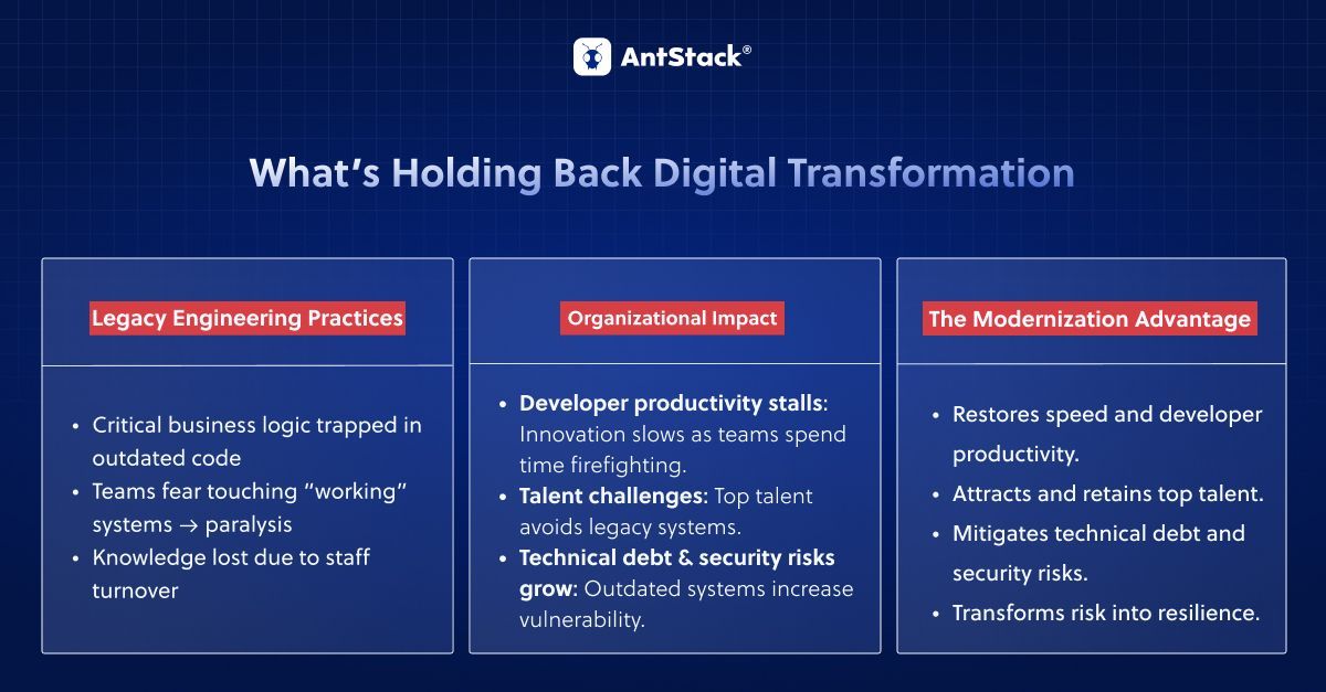 AntStack's tweet image. Digital transformation impact is blocked by decades-old engineering practices.

Agentic code modernization restores speed &amp;amp; resilience.

Modernize your code! Build with AntStack 👉 antt.me/ZIdLf7WX

#GenAI #TechModernization #CloudComputing #Serverless #AntStack