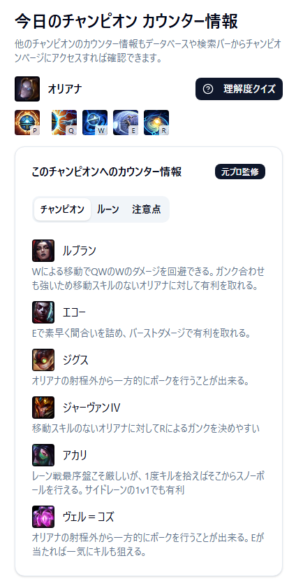 [新機能紹介]
トップページに、「今日のチャンピオン カウンター情報」を表示するようにしてみました。
そのチャンピオンに対しての、カウンターチャンピオン、カウンタールーン、注意点が記載されています。

そして、理解度クイズも用意してみました。
ぜひ挑戦してみてください。