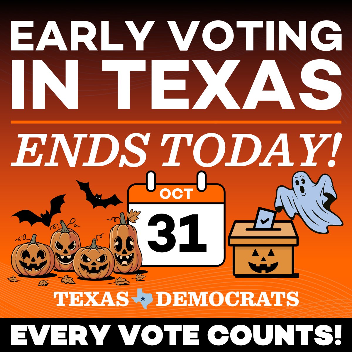 texasdemocrats's tweet image. IT’S GETTING SPOOKY OUT THERE, SO DON’T FORGET TO EARLY VOTE! Today is the last day to early vote before Election Day on November 4th! Fight back against the ghoulies and ghosties in your neighborhood by voting for your locally favorable props! 

#EarlyVoting #Texas #Halloween