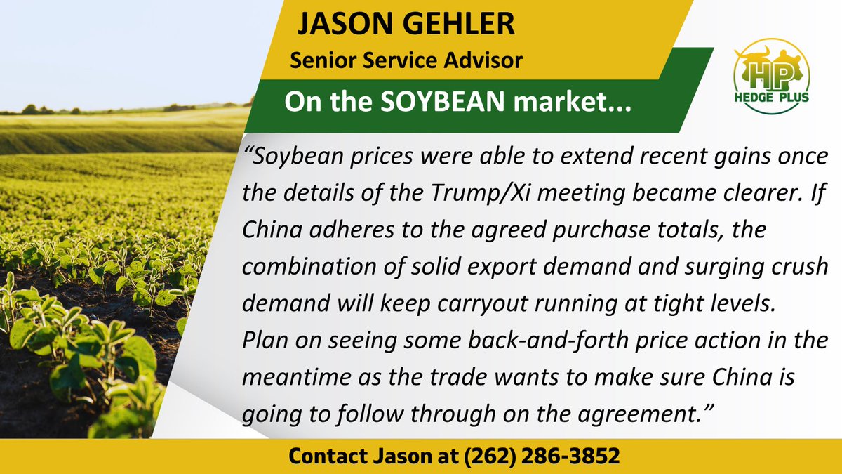 Now that we have more details about the trade deal with China it looks like we are securing the current demand and getting back to more fundamentals in this market but be ready for higher bean prices, especially if South America runs into any sort of weather issue