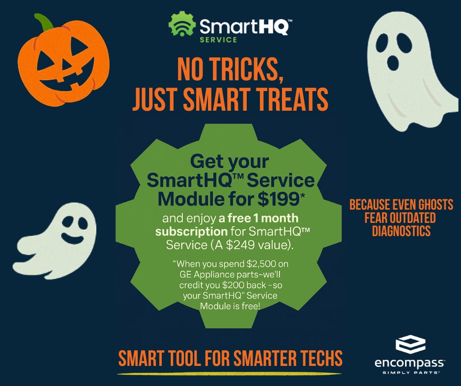 EncompassSP's tweet image. Old diagnostics haunting you? 🕸️

Upgrade your toolkit! Get the SmartHQ™ Service Module for $199 and enjoy a free month of SmartHQ™ Service.

 Smart tool. Smarter techs. No tricks—just serious savings with Encompass.

#SmartHQ #EncompassParts #TechSavings #SmartDiagnostics