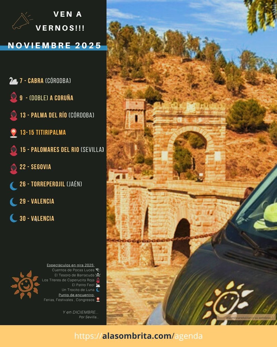 alasombrita's tweet photo. ☀️🚐 En ruta con #ALaSombrita 🎭
Tras un octubre inolvidable seguimos girando este noviembre por Cabra, A Coruña, Palma del Río, Palomares, Segovia, Torreperogil y Valencia.
👉 https://t.co/5xHFbRgtsU
¿Sabes dónde fue tomada esta foto? 😉

#TeatroDeSombras #TeatroFamiliar https://t.co/DGqLOVJZxK