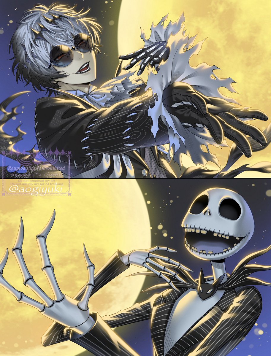 ｡.｡:+* ﾟ ゜ﾟ *♪:｡.｡:+* ﾟ ゜ﾟ *♪:｡.｡.｡:+*
　　『月夜のデュエット』🎃💀🎶
｡.｡:+* ﾟ ゜ﾟ *♪:｡.｡:+* ﾟ ゜ﾟ *♪:｡.｡.｡:+*
　　　スカリー＆ジャック
#twstファンアート #HappyHalloween