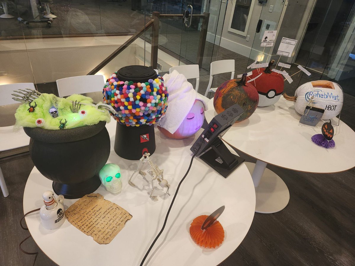 RehabMart's tweet photo. Creativity lit up our annual RehabMart pumpkin contest! Every team shined, but the HBOT pumpkin stole the show. Which design is your favorite? Wishing you a safe, joyful Halloween! #HalloweenFun #TeamSpirit https://t.co/5EjBY9CGxY