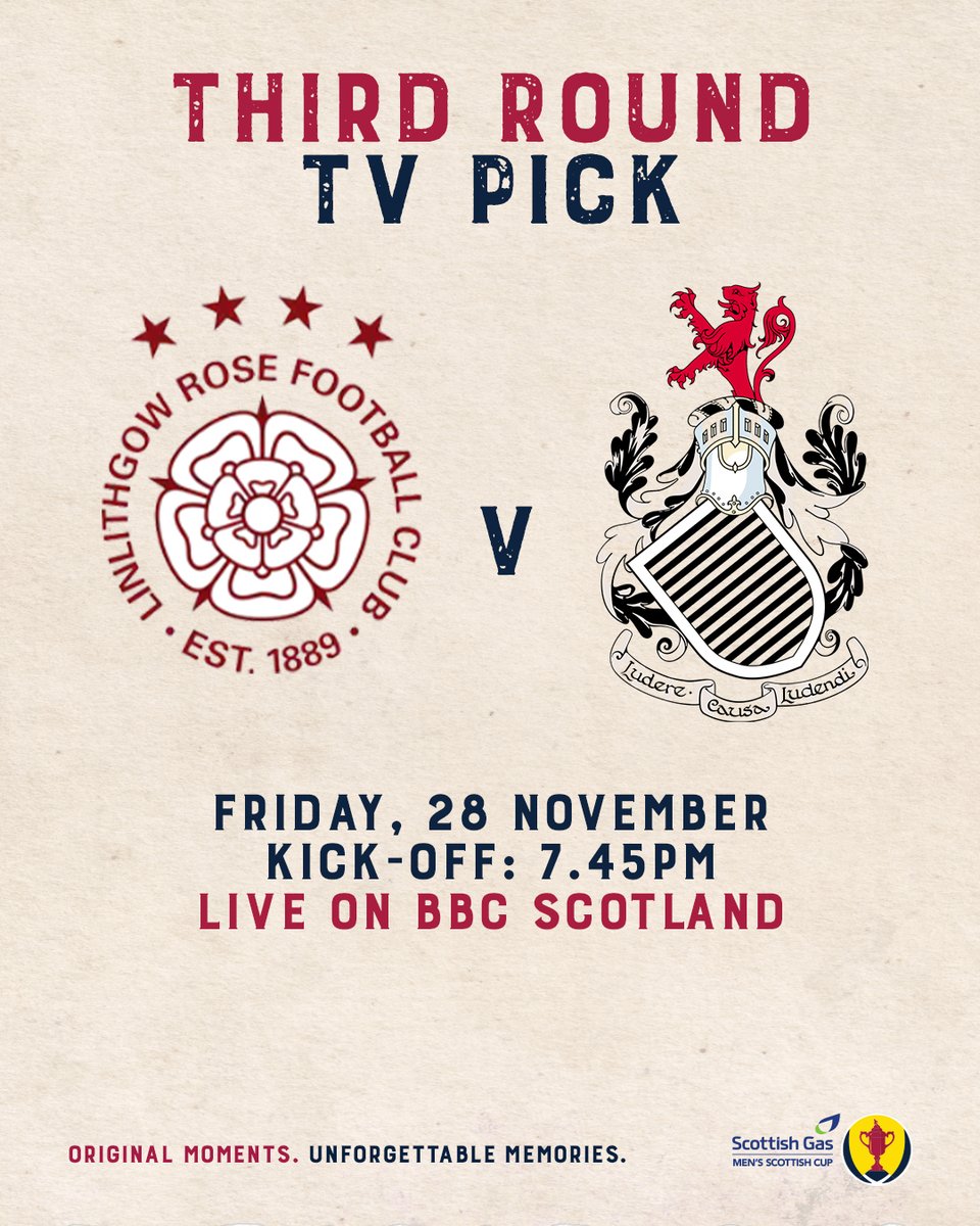 📺 The Third Round TV selection has been made, with <a href="/LinlithgowRose/">Linlithgow Rose F.C.</a> versus <a href="/queensparkfc/">Queen's Park FC</a> to be shown live on <a href="/BBCScotland/">BBC Scotland</a>.

#ScottishCup