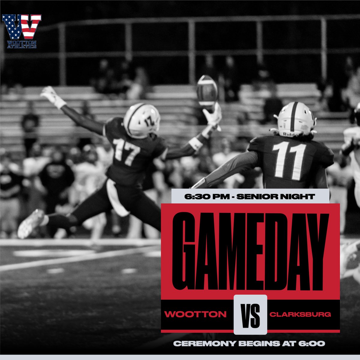 Wootton Football goes against Clarksburg tonight at 6:30 for their last game of the regular season. Senior night Ceremony begins at 6:00, make sure to wear your costumes! 🎃🏈
