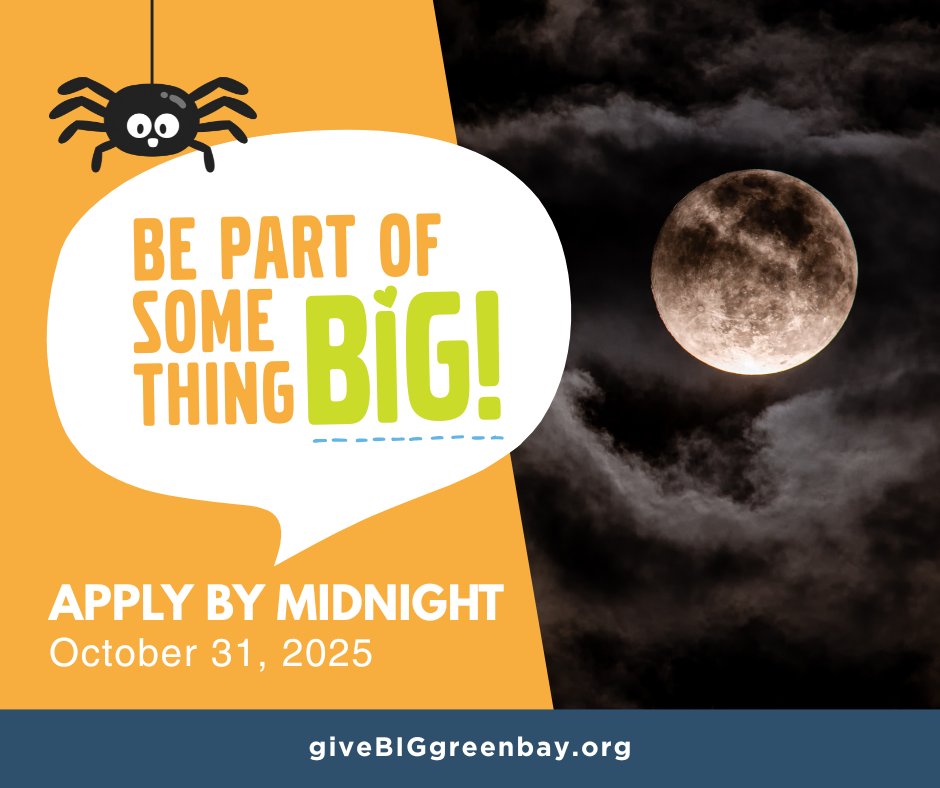 NO TRICKS HERE! 👻 There’s still time to apply for Give BIG Green Bay 2026. Don’t let this opportunity vanish into the night — make sure you’ve submitted ALL application components before the clock strikes midnight: giveBIGgreenbay.org 🎃 #giveBIGgb