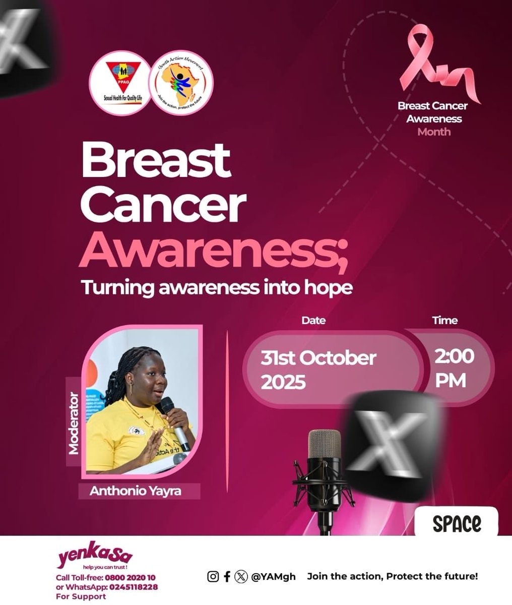 YAMghana's tweet photo. 💗 It’s happening today!

Join the YAM Southern Zone for our Breast Cancer Awareness X Space under the theme “Turning Awareness into Hope.” 🎀

🕑 2:00 PM 
Moderator: Anthonio Yayra
🔗 Join live: https://t.co/V3SU01z23L

Join the action, protect the future https://t.co/9cgaaI9M5i