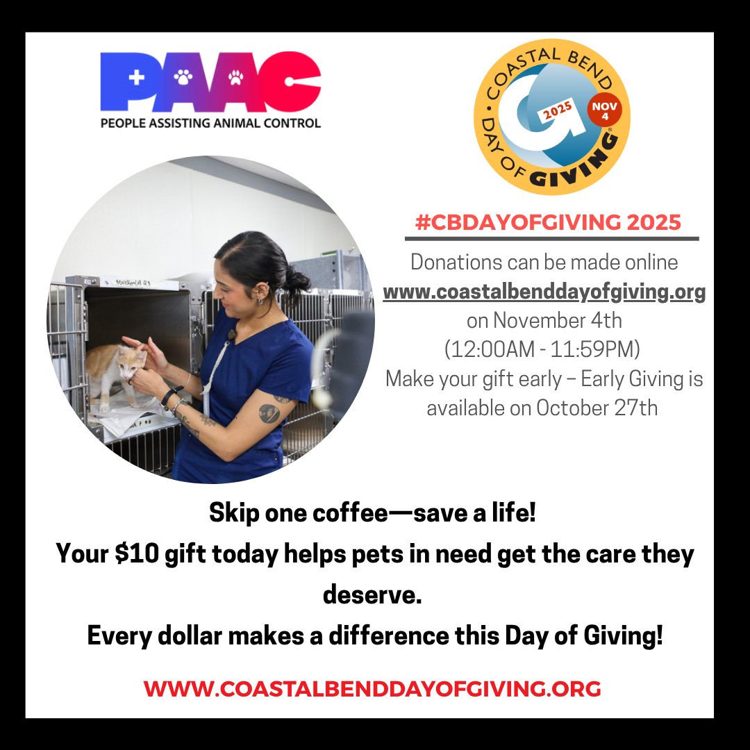 CCPAACTX's tweet photo. Any donation starting at $10 is accepted and will be matched dollar-for-dollar.
💻 Donate at https://t.co/z6qQdCkZu0
🗓️ Donations are accepted starting TODAY — October 27th, 2025!

#CoastalBendDayOfGiving https://t.co/RHLGqsa70N