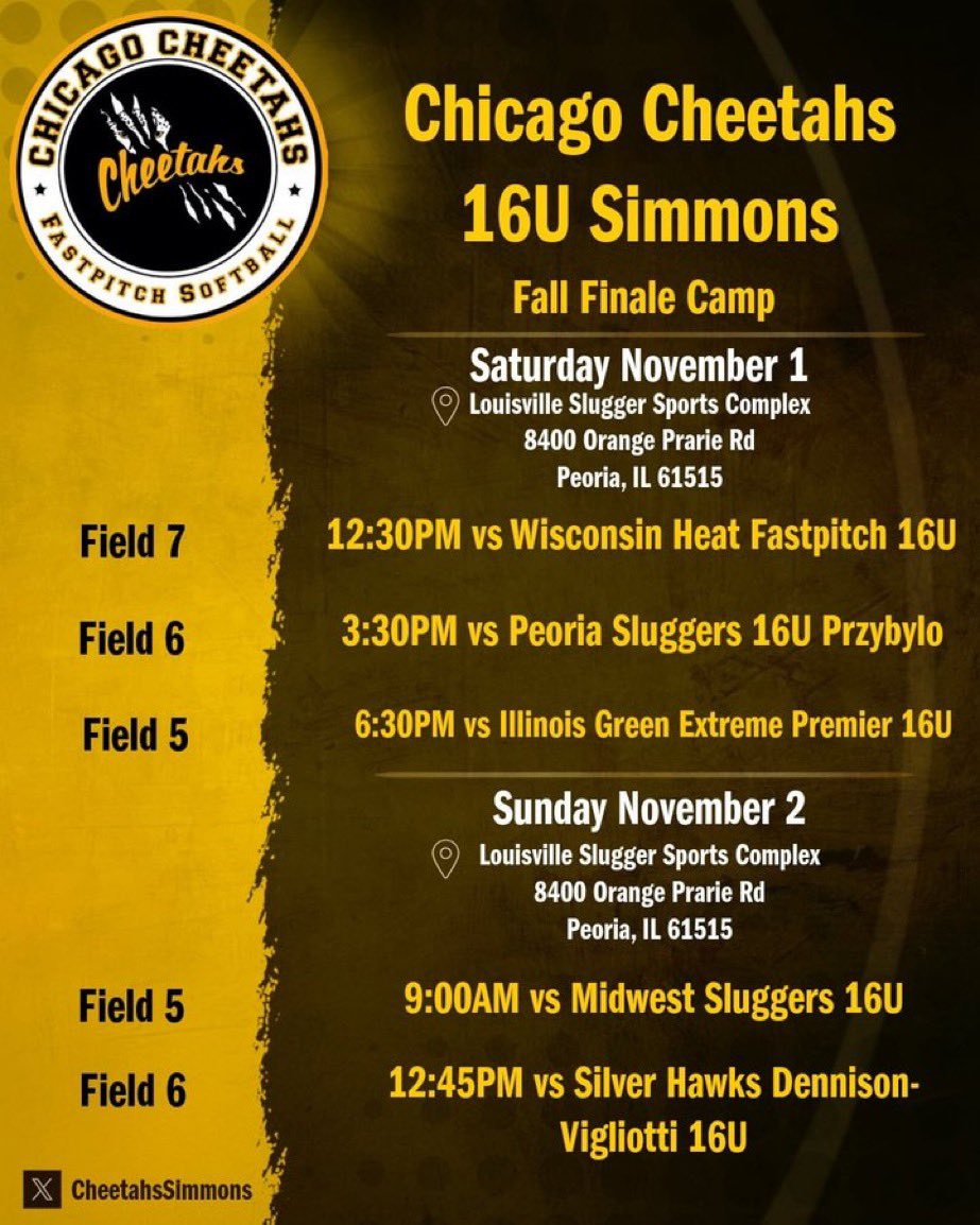Headed to Peoria this weekend. We would love to see you there! <a href="/CheetahsSimmons/">Chicago Cheetahs 16u</a> <a href="/jillienwaldron/">Jillien</a> <a href="/joshbaer24/">Josh Baer</a> <a href="/lizjagielski/">Elizabeth Jagielski</a> <a href="/RamblersSB/">Loyola Softball</a>