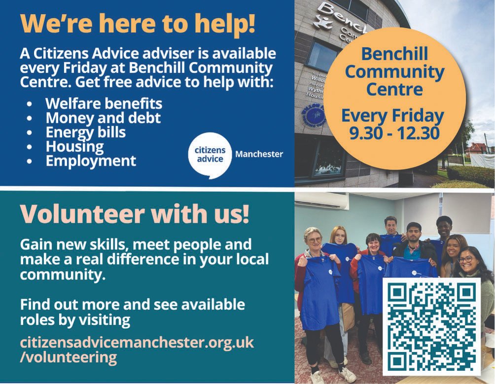 Southsidemag's tweet image. Do you require assistance with #welfarebenefits, #money,   #debt, #energybills, #housing, #employment? @CitizensAdvice is available every Friday morning at the Benchill Community   Centre from 9:30am- 12:30 pm to provide support. They are also seeking #volunteers to join them