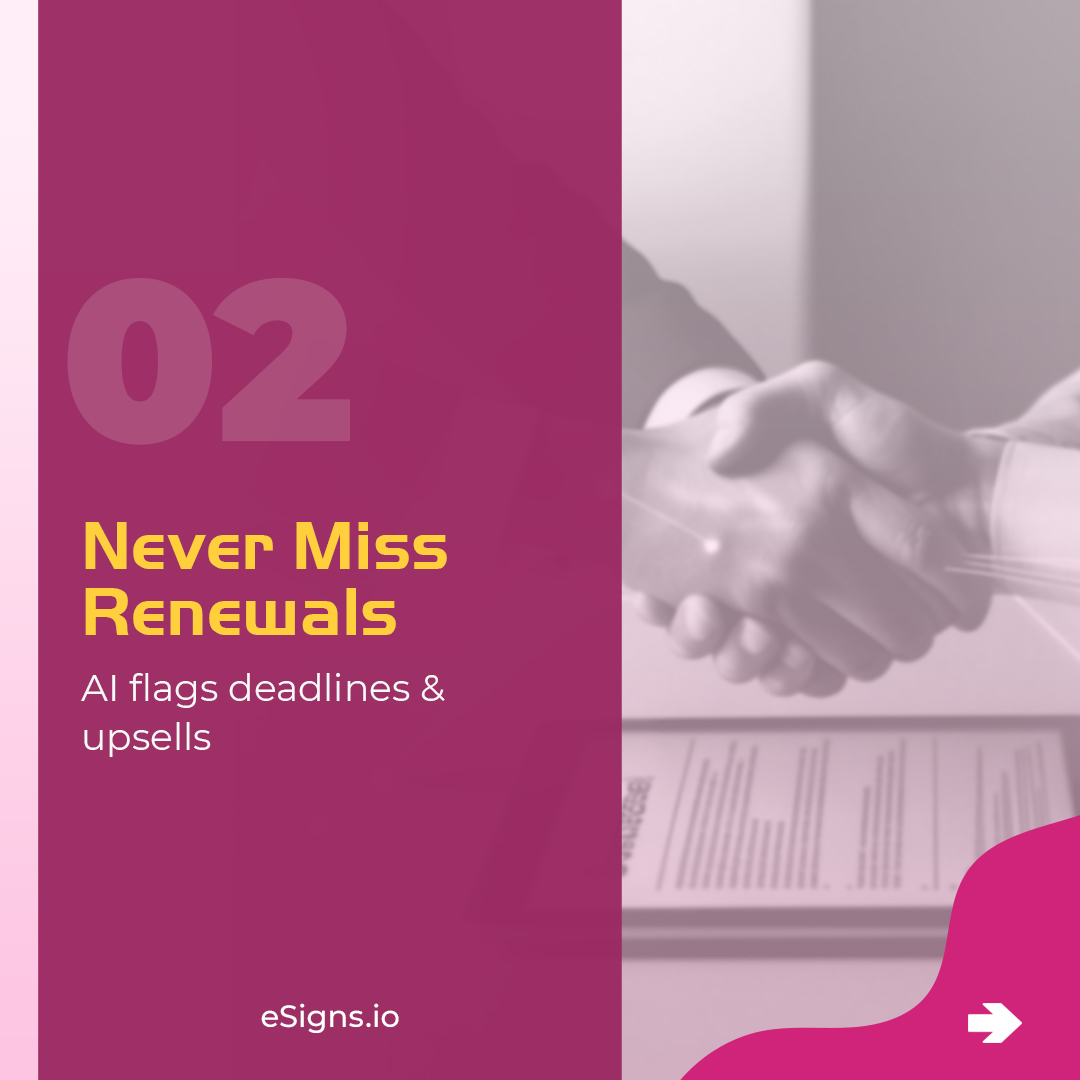 eSignsSoftware's tweet image. eSigns AI Renewal &amp;amp; Pipeline Dashboards show real-time contract status, flag deadlines, and help your team focus on closing deals faster. Start your 30-day free trial at eSigns.io today! 
#contractmanagement #aicontracts #esigns #digitalworkflow #contractrenewals