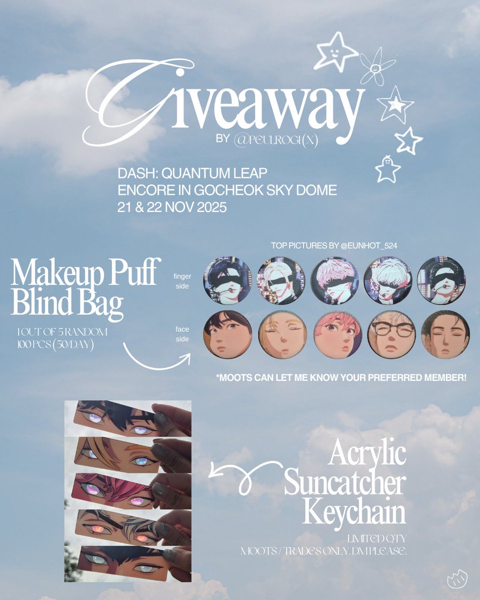 peulrogi's tweet image. giveaway ⋆｡°✩  

plave dash: quantum leap encore in gocheok skydome

will be there both days and i&apos;ll update outfit on day itself!

no reservation for makeup puff except for moots (limited qty available)

dm for keychain trade *ੈ✩‧₊˚
#PLAVE #DASH_Quantum_Leap_Encore