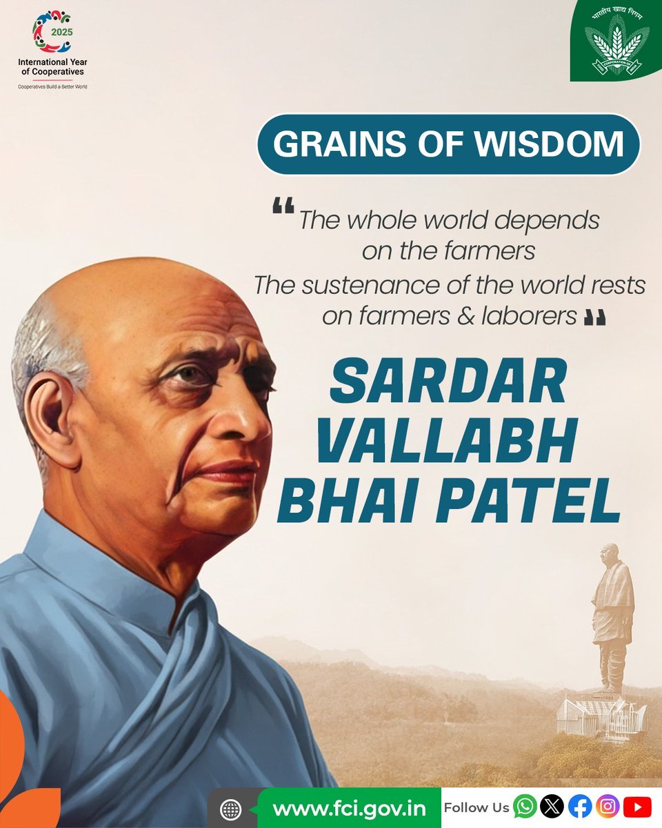 Before uniting a nation, he united its farmers.
#SardarVallabhbhaiPatel led the Bardoli Satyagraha in 1928, standing firmly against unfair British taxes, a fight that earned him the title 'Sardar'. FCI will continue to honor his legacy by supporting and empowering India’s farmers