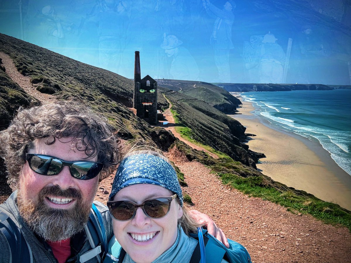 Heather &amp; Jason pose by a Cornish mine engine on the South West Coast Path. Miners believed spirits called Knockers (Tommyknockers in USA) lived below ground. To appease them &amp; ensure a safe work shift, they'd leave the last bite of their pasty as an offering. #Spooky #Halloween