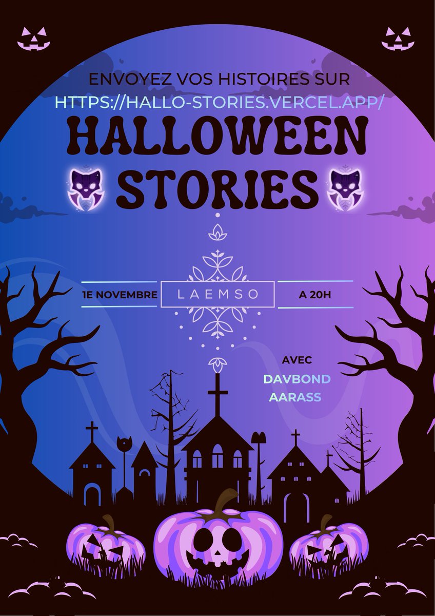 Émission spéciale #Halloween ! 🎃
Live demain, le 1er nov à 20h avec AaRaSs &amp; Davbond 

Raconte nous ton histoire vraie ou inventée sur hallo-stories.vercel.app

📄Les règles du jeu sont dispo sur le site
Le chat devine : vraie ou faux ? Qui à écrit ?Classement final à la clé !