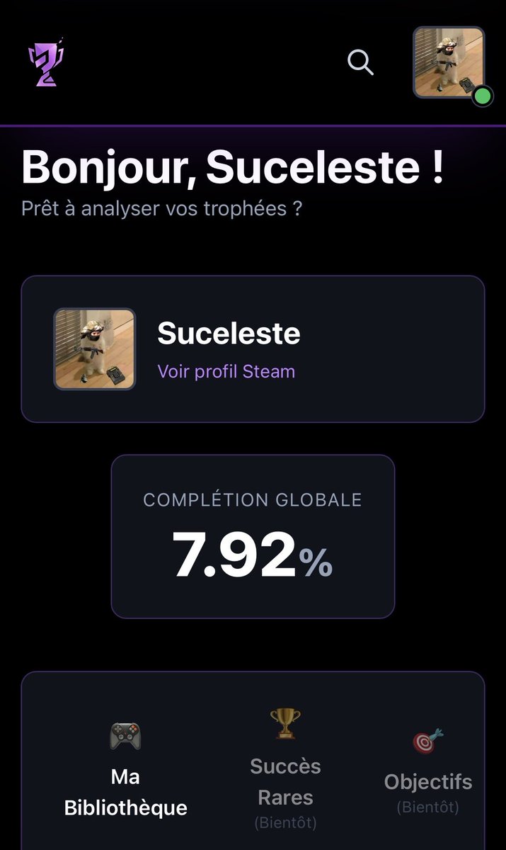 Sucleste's tweet image. J&apos;ai codé TrophyCalc 🚀

J’ai coder un site pour Chasseur de trophée Steam. 

C&apos;est la v1. Je cherche des retours (bugs, UX, idées) avant de coder la v1.1 (système d&apos;XP/classement).

👉 trophycalc.com

J’attend vos retour 
#BuildInPublic #indiedev #SteamAPI #Steam