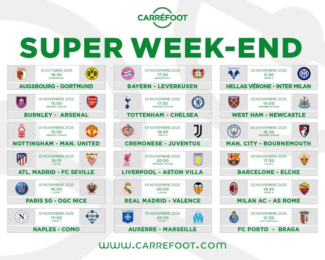 Carre_foot's tweet photo. SUPER WEEK-END : Les affiches à suivre ce week-end sont servies !
#SuperWeekend #Ligue1 #Bundesliga #Laliga #PremierLeague #SérieA https://t.co/CdWqepOFb7