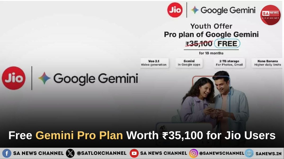 SatlokChannel's tweet photo. Google and Reliance Jio are taking a historic step to make India AI-empowered. Jio users can now access the premium Gemini 2.5 Pro AI plan worth ₹35,100 absolutely free for 18 months. From advanced image and video generation to 2 TB of cloud storage, this offer is shaping India’s AI future. Don’t miss how this collaboration is changing digital India.

Claim Now: https://t.co/04JbfQ8A4k

#Google #RelianceJio #AIIndia #GeminiPro #DigitalRevolution