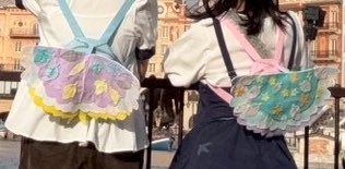 今回一番頑張って作った羽（リュック）✨
ワンピースの柄も描いたけどどうしても羽はフェルトでチクチクしたくて🪡
頑張って染めたり描いたりたくさんして頑張ったのでキャストさんに褒めてもらえて嬉しかった💕

 #dハロ仮装2025