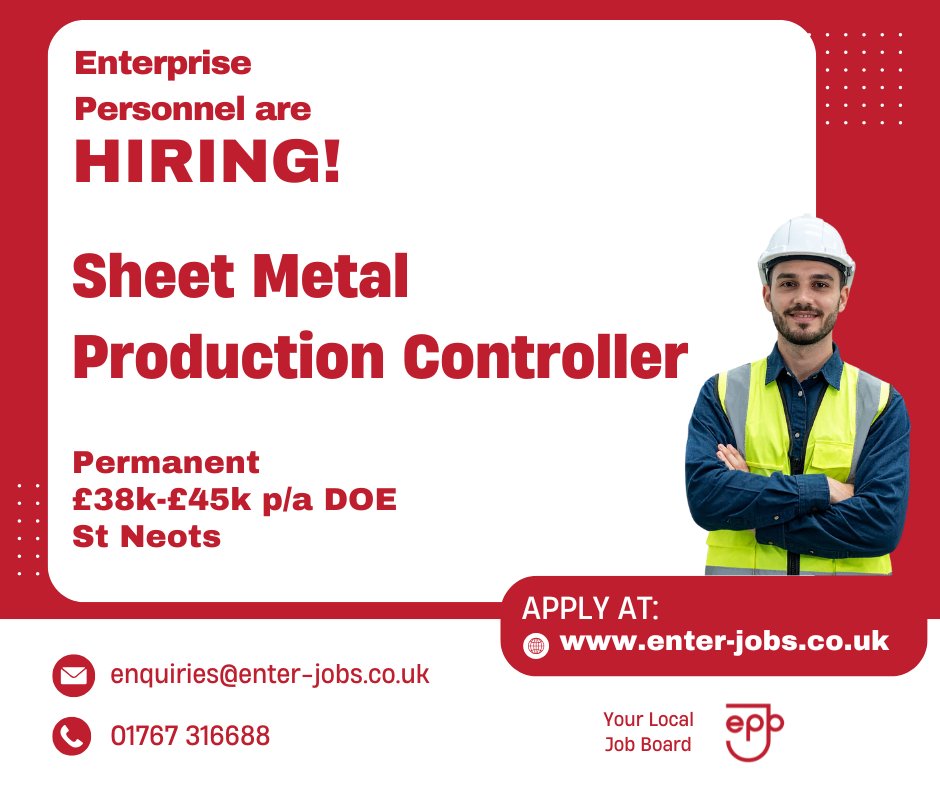 EnterJobs's tweet image. Enterprise Personnel&apos;s client is hiring a Sheet Metal Production Controller in St Neots.
Apply now via our website! 

#SheetMetal #ProductionController #sheetmetalproduction #productionjobs #manufacturingjobs #manufacturinguk #engineeringjobs #stneots #cambridgeshire