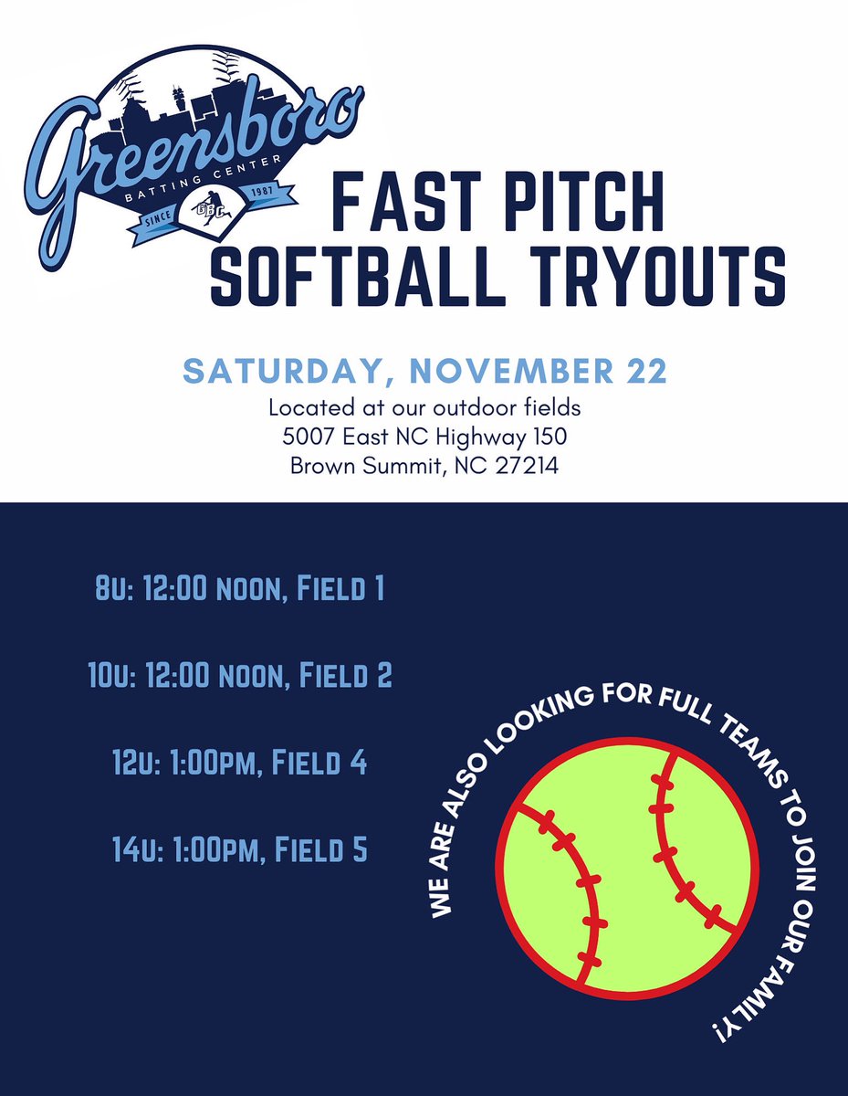 BASEBALL
gbcbaseball.com/2025-tryouts/

SOFTBALL
gbcbaseball.com/2025-tryouts-2/