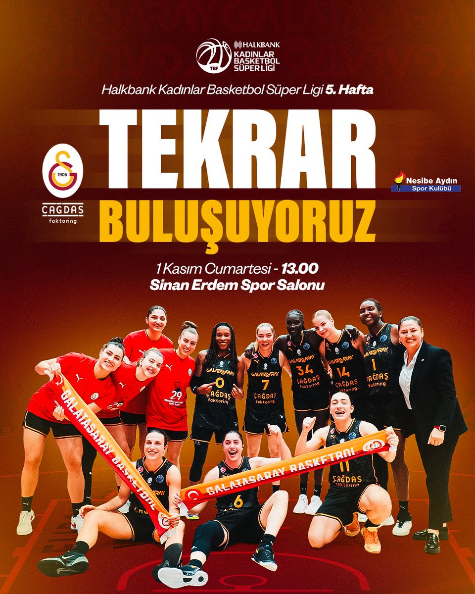 KadinBasketGS's tweet photo. 🆚 Galatasaray Çağdaş Faktoring X Nesibe Aydın
⌚️ Cumartesi 13.00 | 📺 HT Spor
🎟️ Bilet satın almak için; 👇
🔗 https://t.co/EoZGsrg6fz
🏟️ Sinan Erdem Spor Salonu
🦁 #SarayınSultanları

Galatasaray Çağdaş Faktoring, Halkbank Kadınlar Basketbol Süper Ligi’nin beşinci haftasında Nesibe Aydın ile karşı karşıya gelecek.

1 Kasım Cumartesi günü Sinan Erdem Spor Salonu’nda oynanacak mücadele saat 13.00’te başlayacak ve HT Spor’dan canlı olarak yayınlanacak.

Halkbank Kadınlar Basketbol Süper Ligi’nin ilk haftasında evinde OGM Ormanspor’u 80-68 mağlup eden Galatasaray Çağdaş Faktoring, ikinci haftada derbi mücadelesinde Beşiktaş BOA’yı deplasmanda 75-67 yendi. Sonraki hafta Melikgazi Kayseri Basketbol’u konuk eden ekibimiz rakibini 75-52 ile farklı geçti. Sarayın Sultanları son olarak Mersin’de Çimsa ÇBK Mersin’i 75-71 yendi ve yenilmezlik serisini sürdürdü. Takımımız 2025-26 sezonuna ligde ve Avrupa’da 10 resmi maçta 10 galibiyet ile başladı.